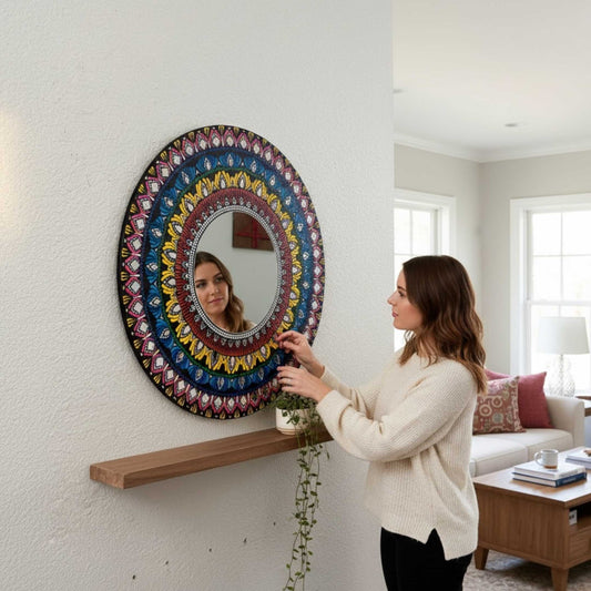 Woman adjusting a colorful round mandal mirror in a living room.
