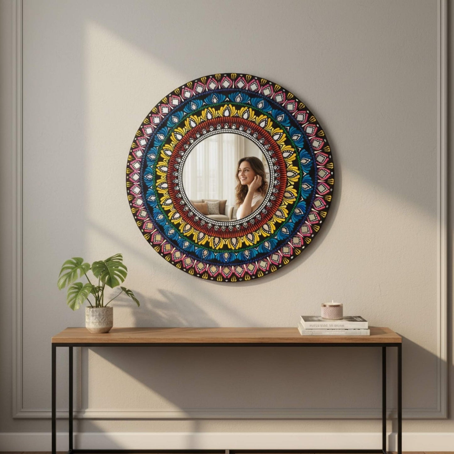 Decorative round mirror with colorful mandala pattern on a wall above a wooden console table.