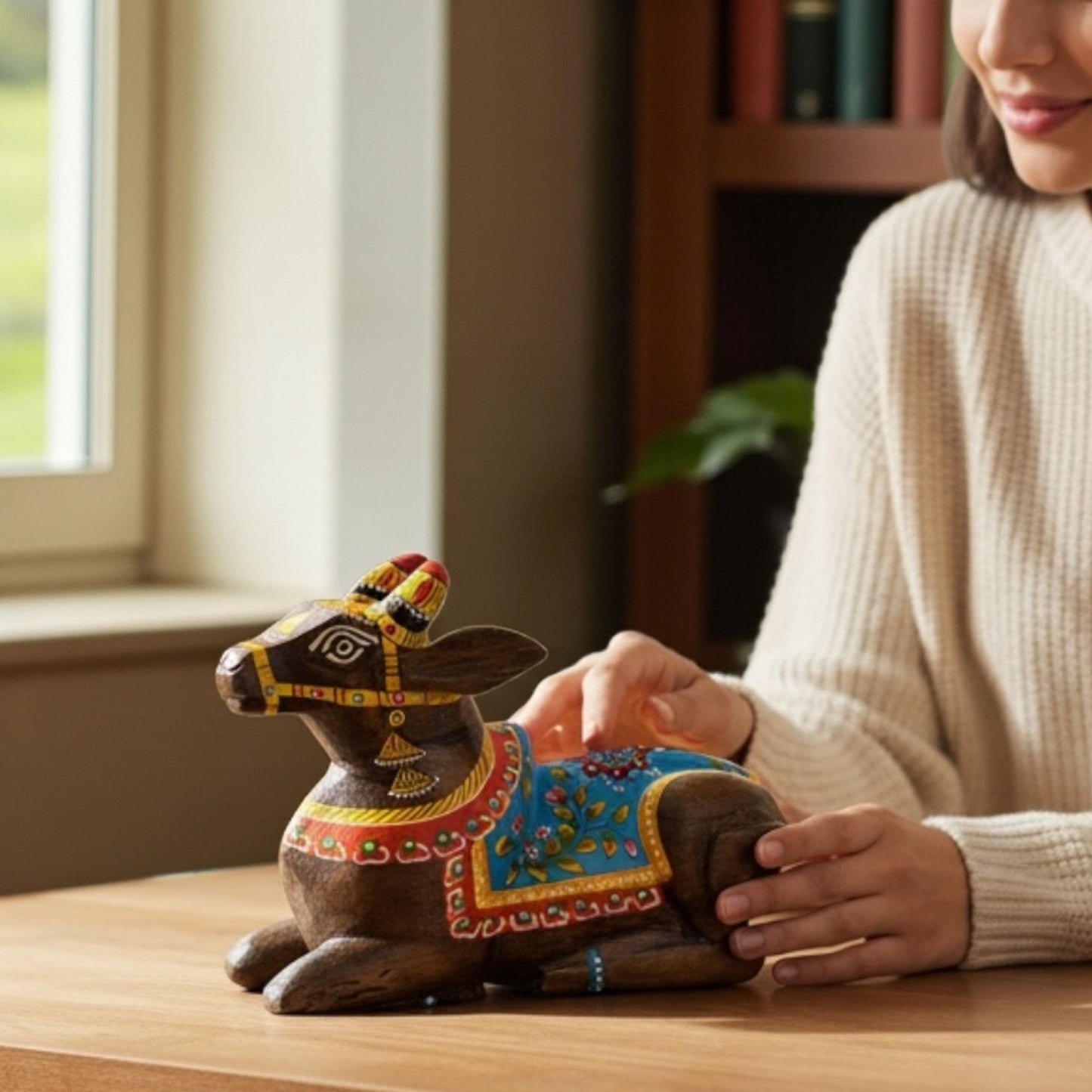 Person holding a decorative wooden animal figurine on a table