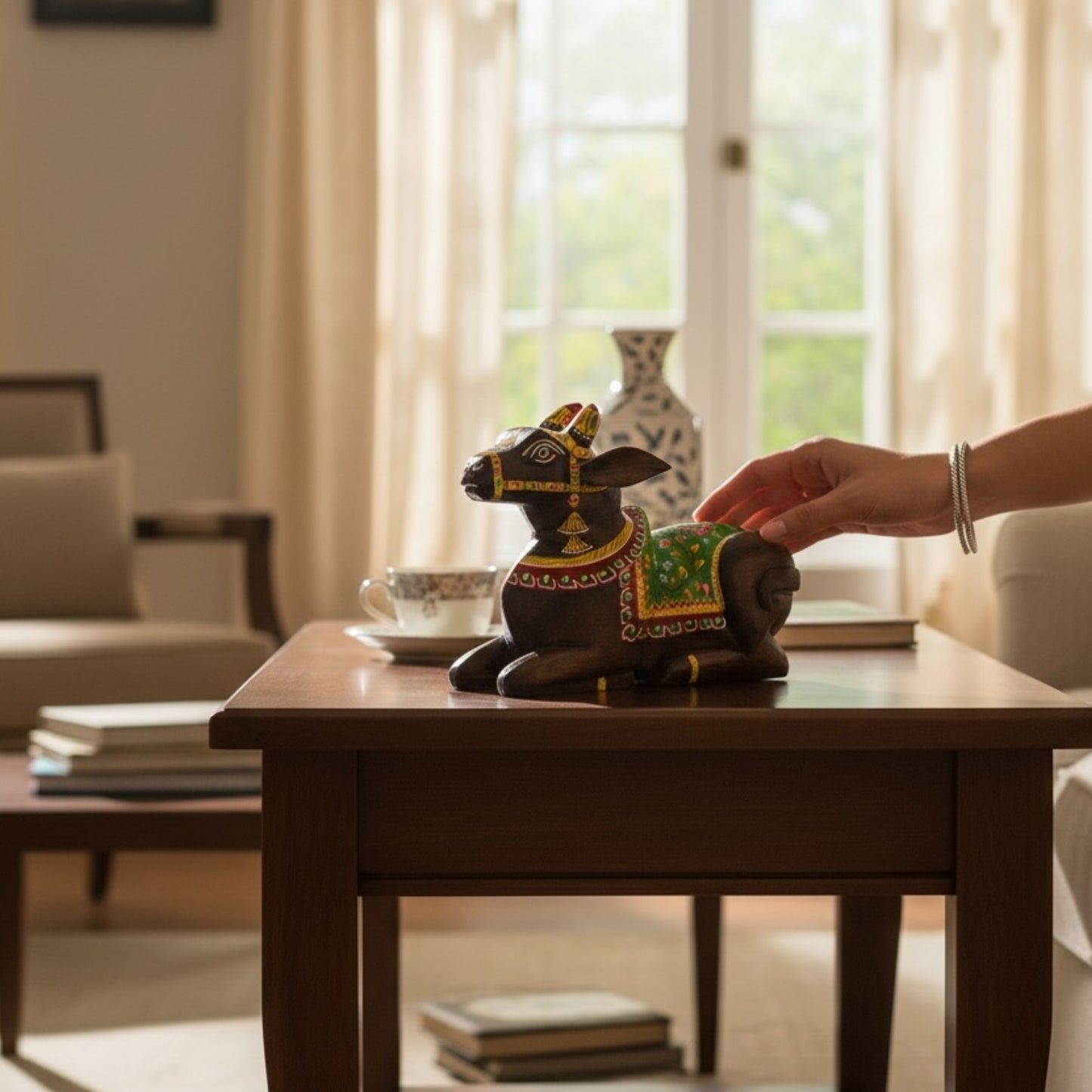 Decorative animal figurine on a wooden table with a blurred background