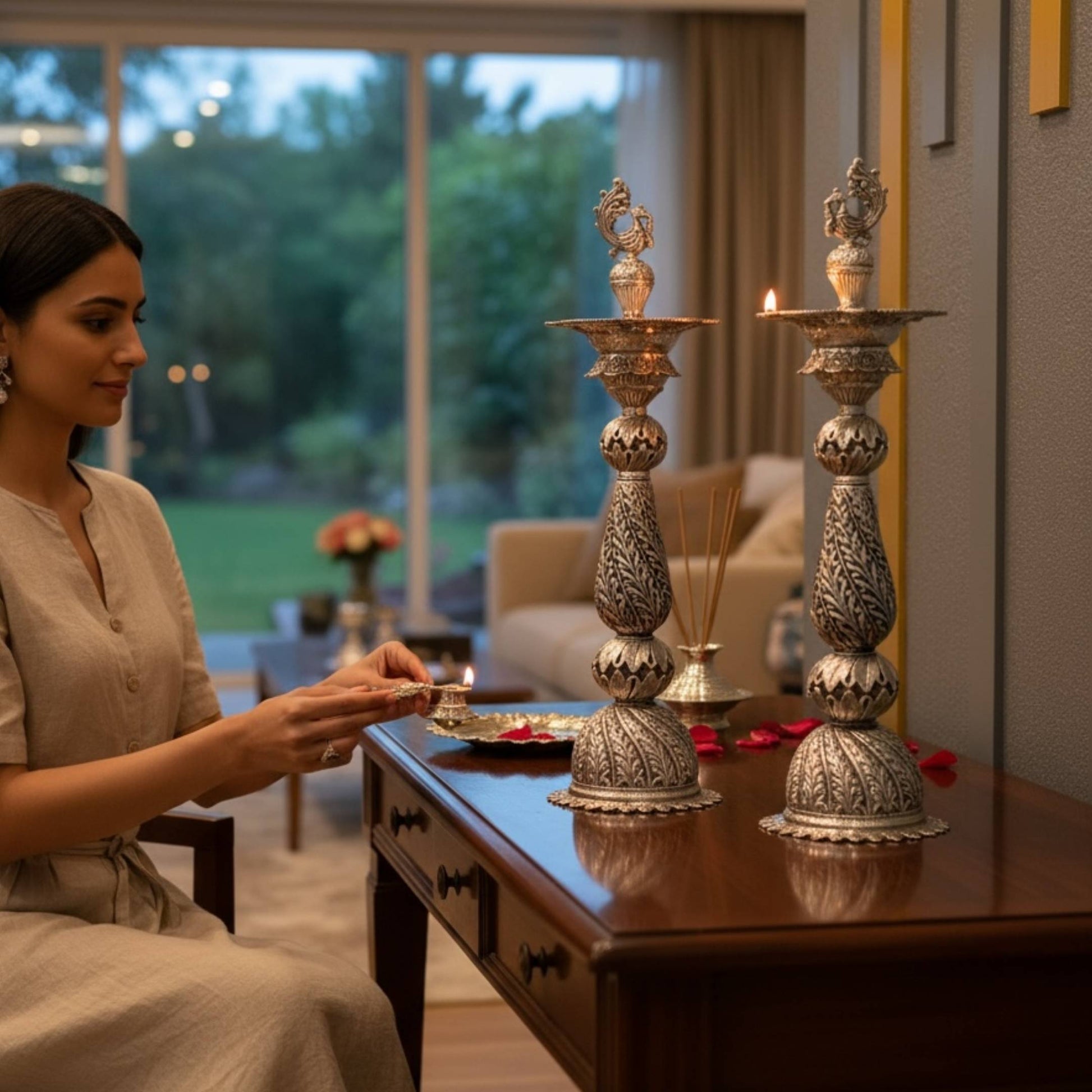 side profile of tall antique silver samai oil lamp with peacock and floral patterns for pooja décor
