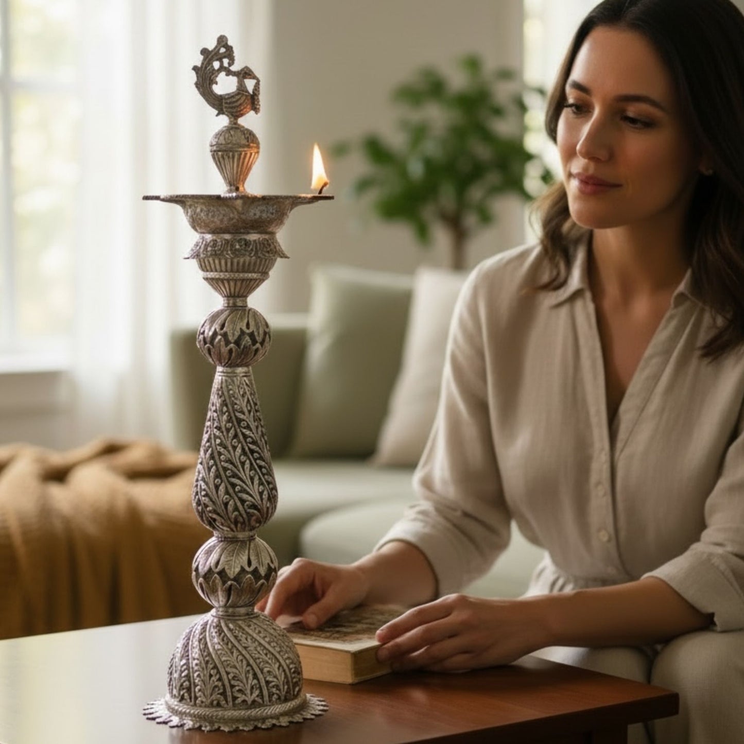 antique silver Nilavilakku peacock oil lamp displayed in pooja room or home décor setting