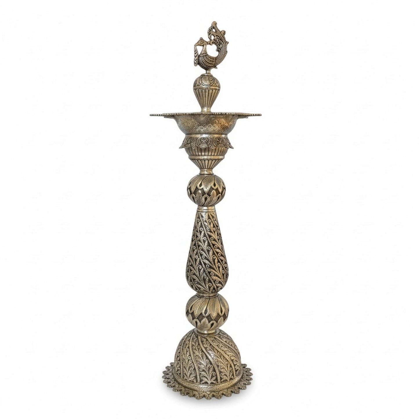 front angle view of 28-inch silver peacock samai oil lamp pair with detailed traditional engraving