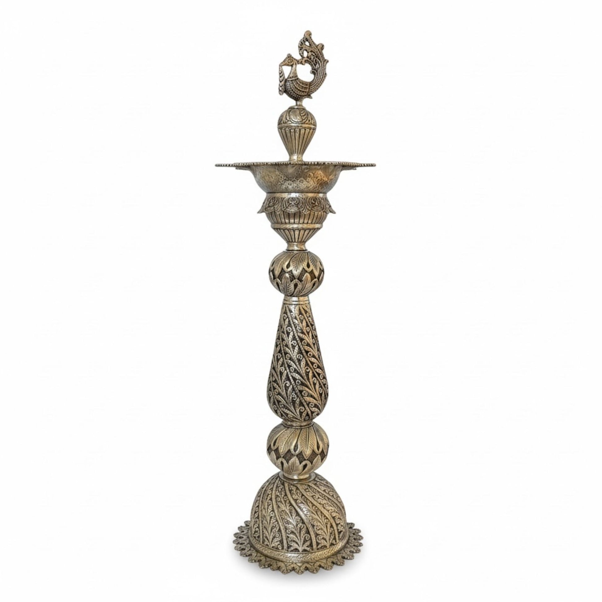 front angle view of 28-inch silver peacock samai oil lamp pair with detailed traditional engraving