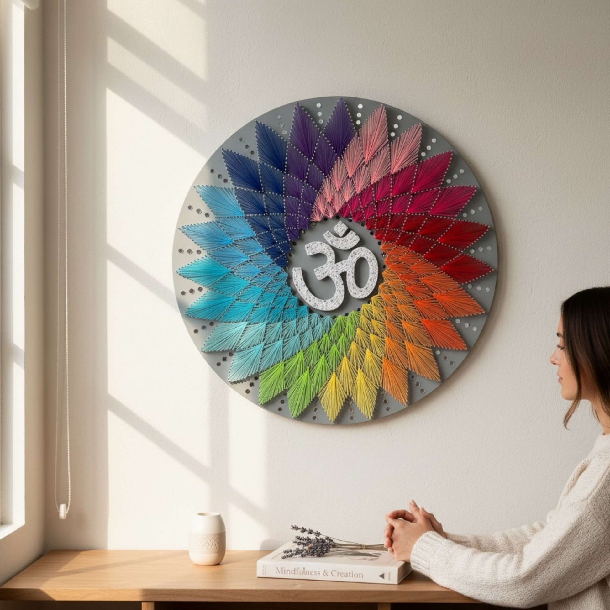 Large 30-inch Om string art displayed on a living room wall as a spiritual statement piece for home or meditation space.
