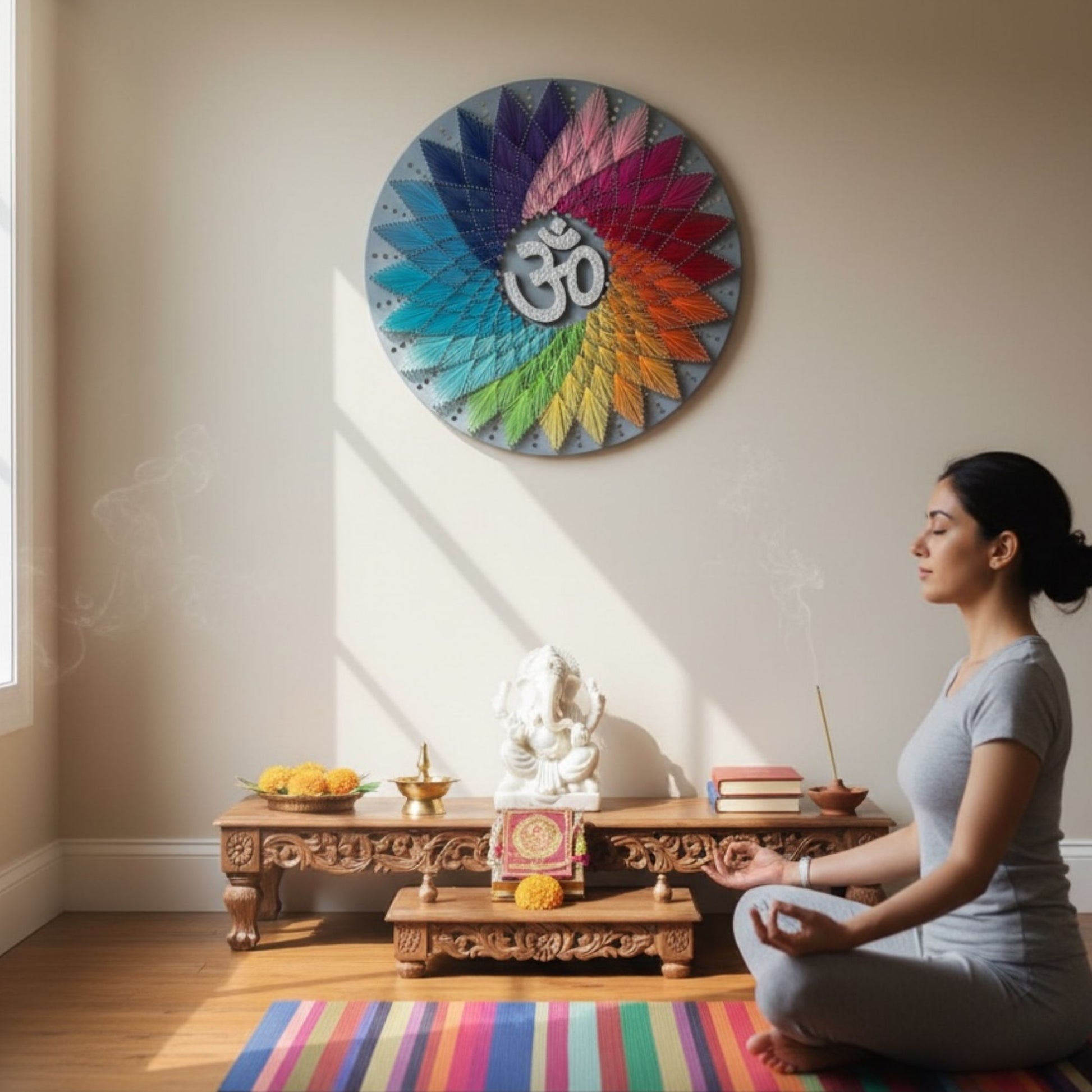 30-inch handmade Om AUM string art wall decor by Urli Utsav featuring vibrant colored threads and nails on a circular MDF board.