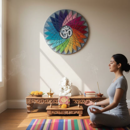 30-inch handmade Om AUM string art wall decor by Urli Utsav featuring vibrant colored threads and nails on a circular MDF board.