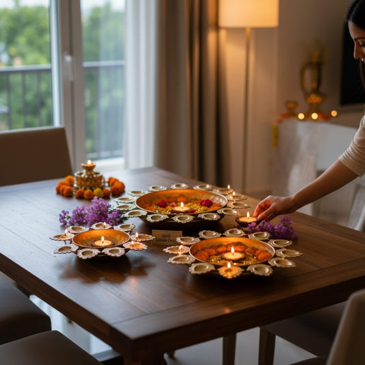 Diwali Decorative arrangement of oil lamps and Om urli set by Urli Utsav Decor