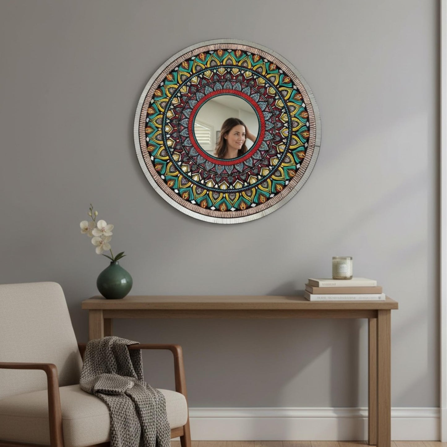 36-Inch Peacock Mandala Mirror Above Console Table – Indian Handcrafted Wall Decor