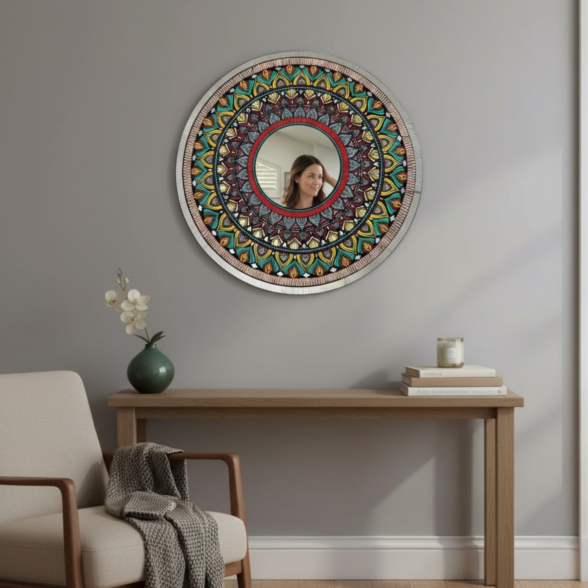 36-Inch Peacock Mandala Mirror Above Console Table – Indian Handcrafted Wall Decor
