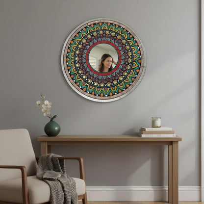 36-Inch Peacock Mandala Mirror Above Console Table – Indian Handcrafted Wall Decor