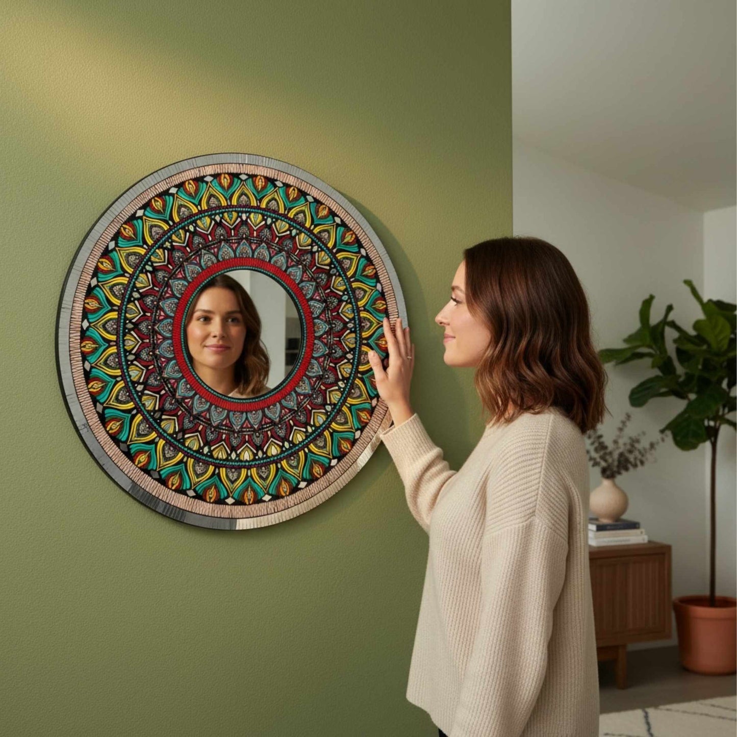 Woman Admiring 36-Inch Peacock Mandala Mirror on Green Accent Wall – Urli Utsav