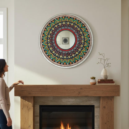 36-Inch Peacock Mandala Mirror Above Fireplace Mantel – Statement Indian Wall Art