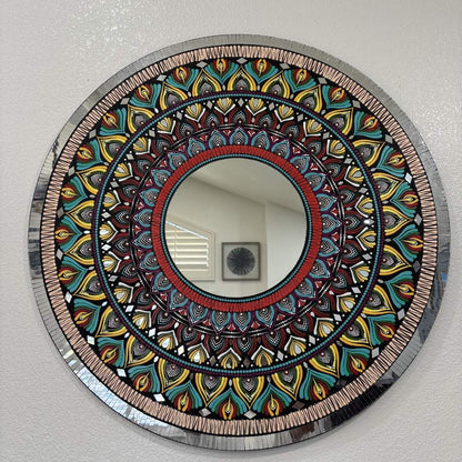 36-Inch Round Peacock Mandala Mirror on Neutral Wall – Handcrafted Home Decor