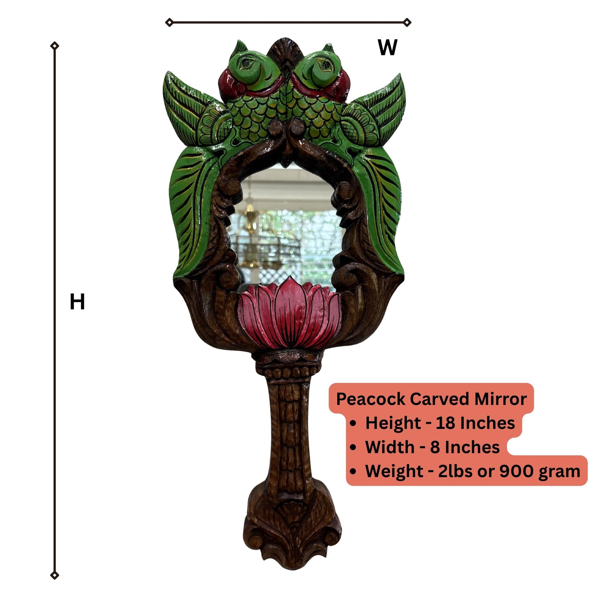 Vintage parrot lotus carved wood mirror dimensions: 18x8 inches, 900g – handmade MDF frame