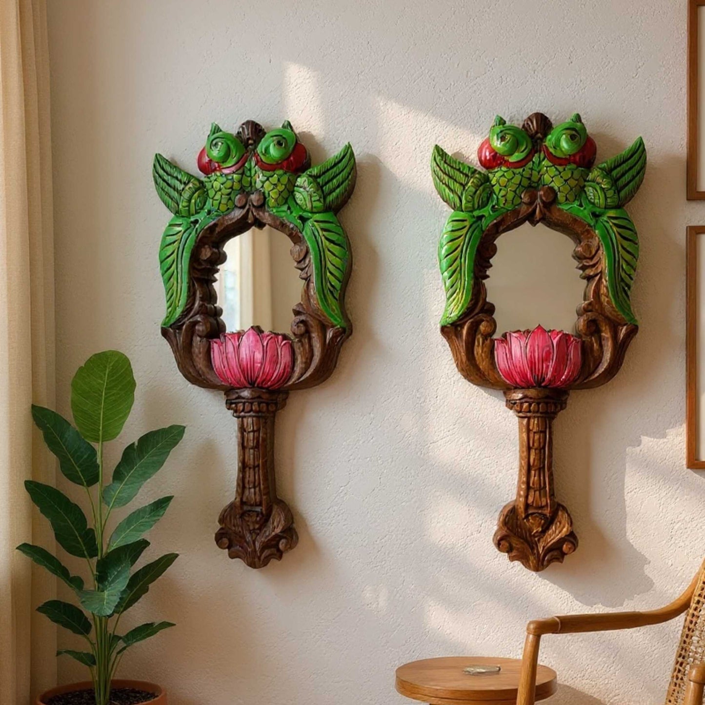 Set of 2 hand-carved green parrot lotus wooden mirrors on cream wall – Indian home decor