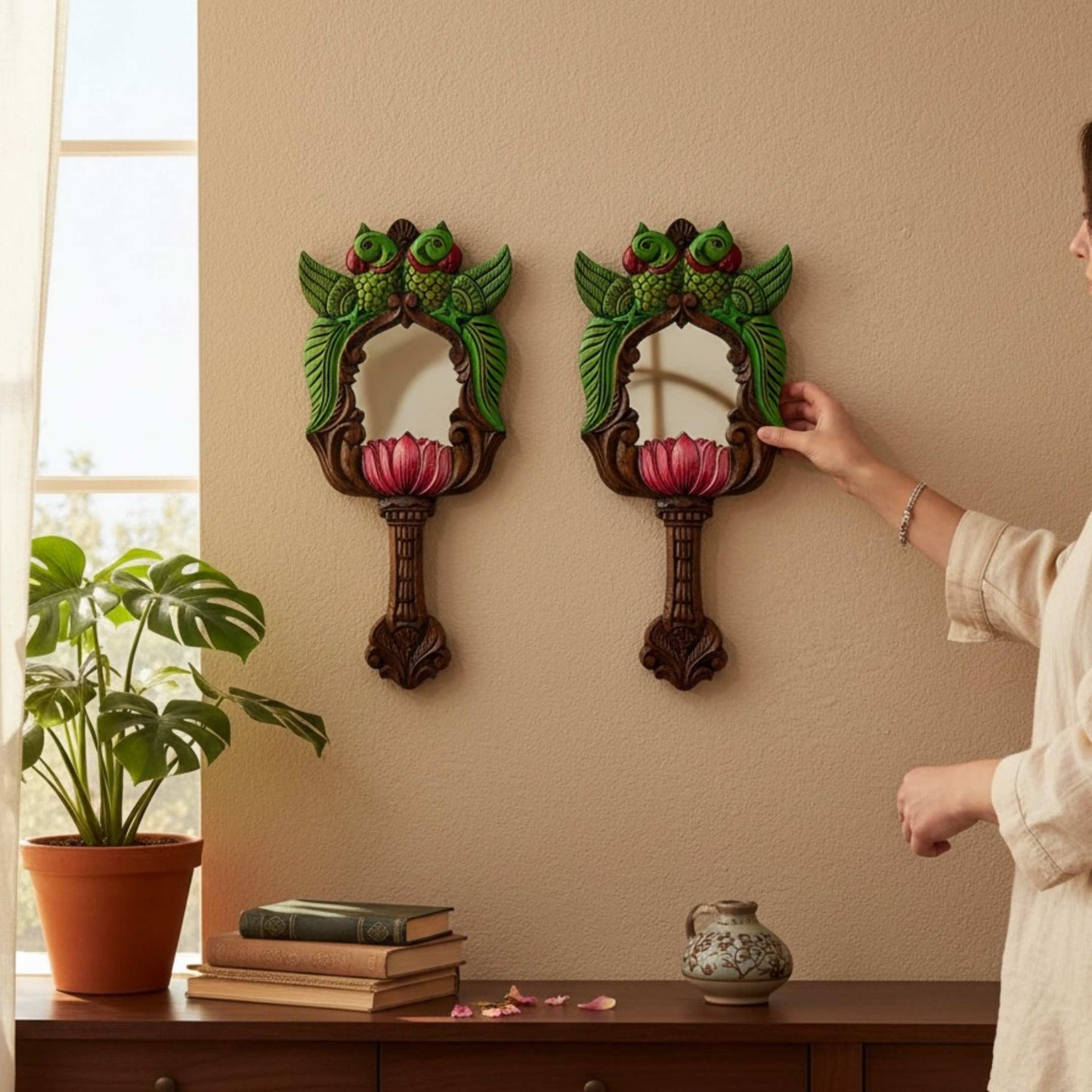 Pair of green parrot lotus wood mirrors on beige wall – Indian handmade living room wall art