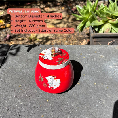 Red jar with pichwai cow design with jar specifications.