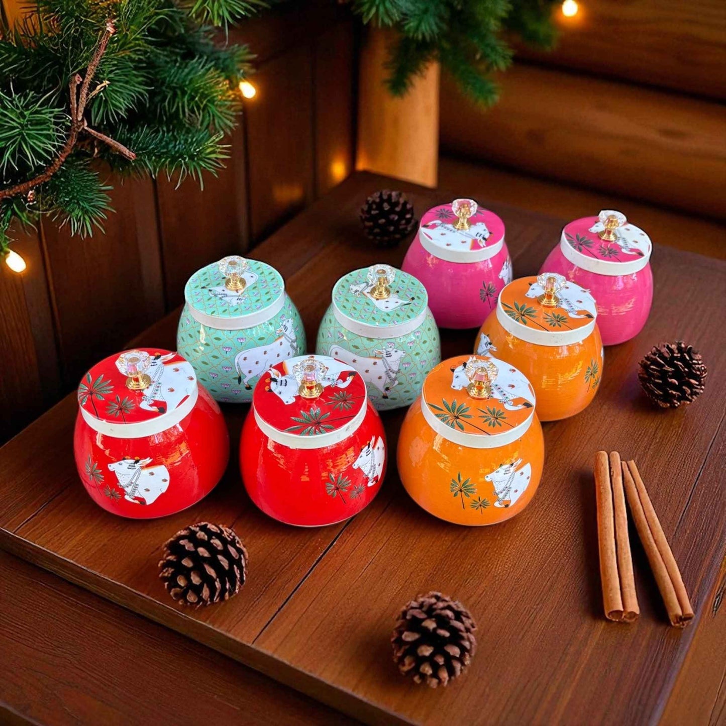 Round Pichwai Cow Metal Jars Set, Indian bulk Gifting by Urli Utsav Decor