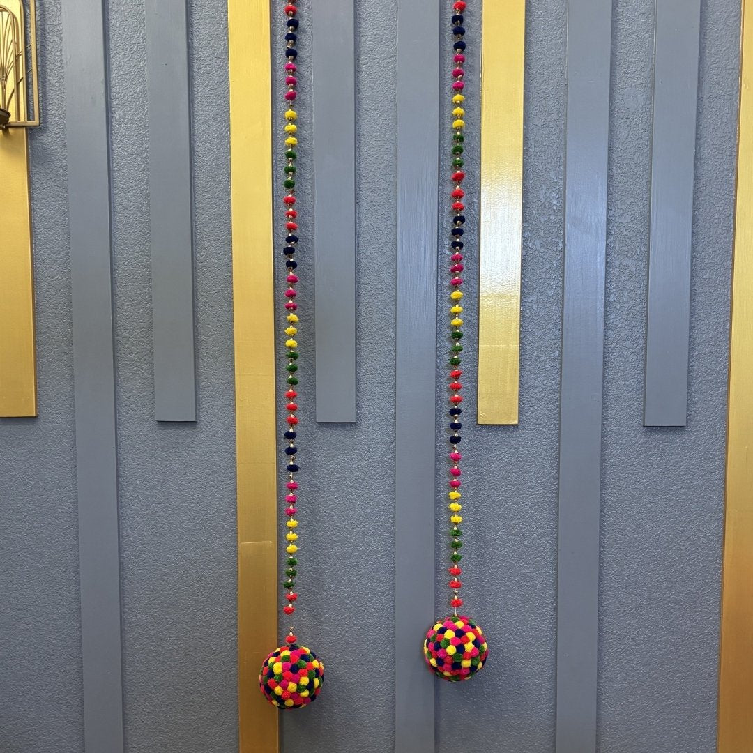 Diwali pompom ball garland in pink yellow navy green red handmade in India