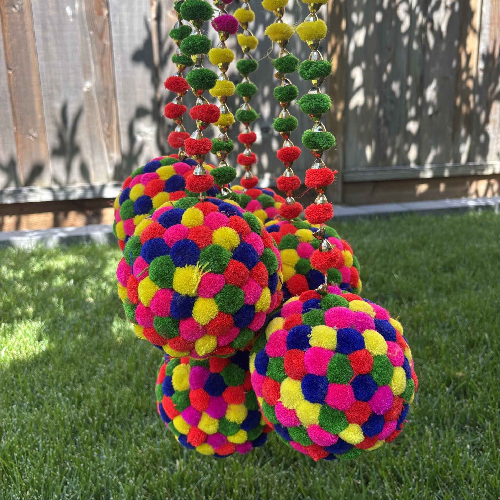 Set of 6 handmade woolen pompom ball garlands each 6 ft long, multicolor Indian decor