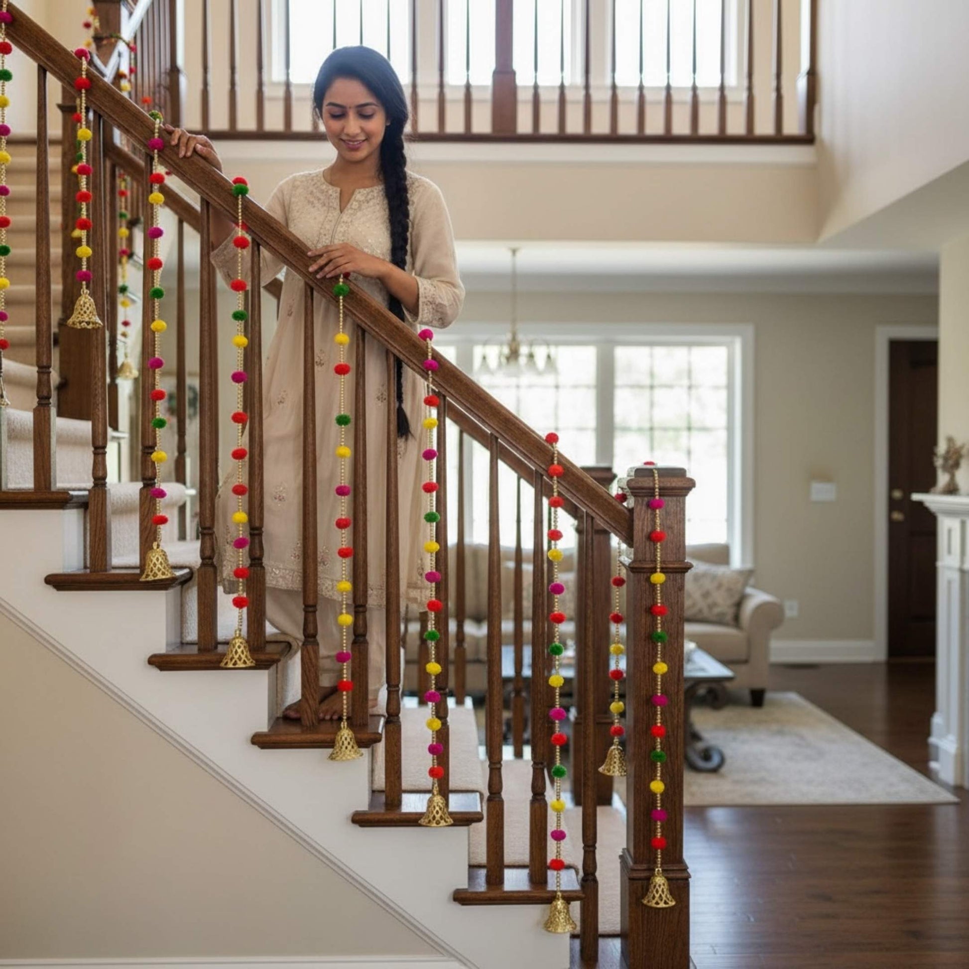 Indian pompom garland decorating a staircase for traditional festive celebration