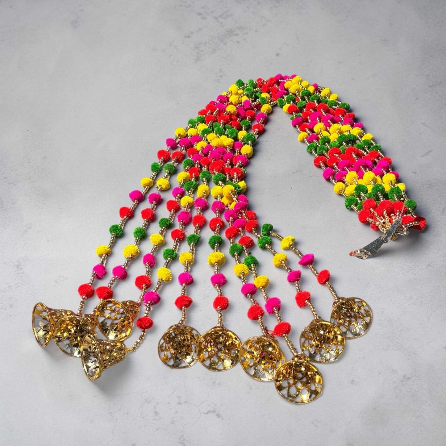Multicolor pompom garland set of 10, woolen pom poms with gold beads and bell