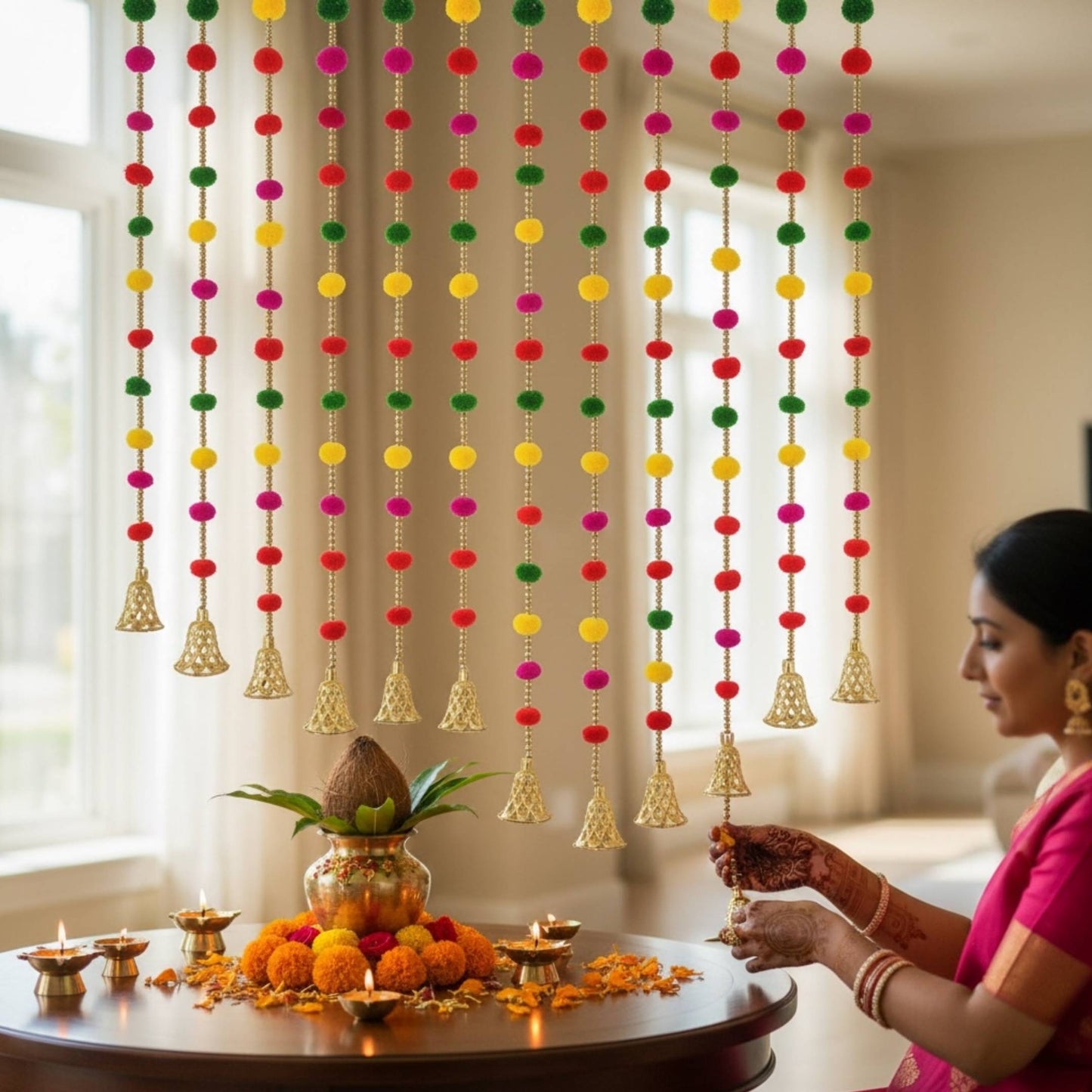 Pompom garland used for Varlaxmi pooja room festive decor setup
