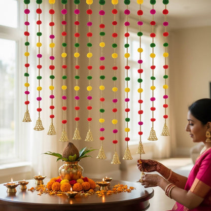 Pompom garland used for Varlaxmi pooja room festive decor setup