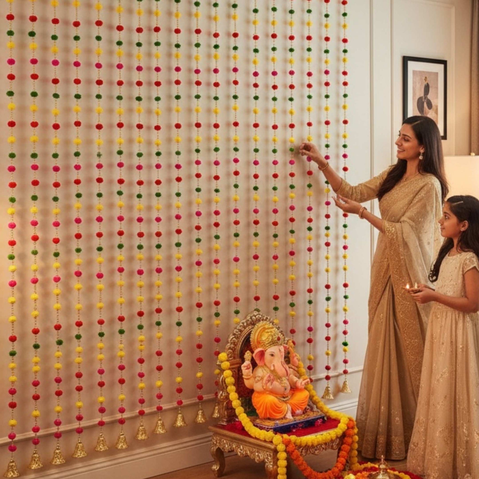 Family decorating with pompom garlands near Ganesha shrine for Indian festival