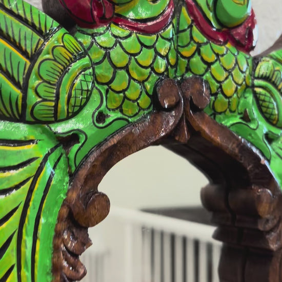 video of Vintage Green Parrots & Pink Lotus Carved Wooden Mirror