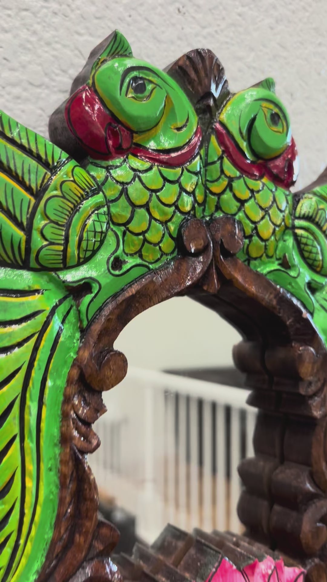video of Vintage Green Parrots & Pink Lotus Carved Wooden Mirror