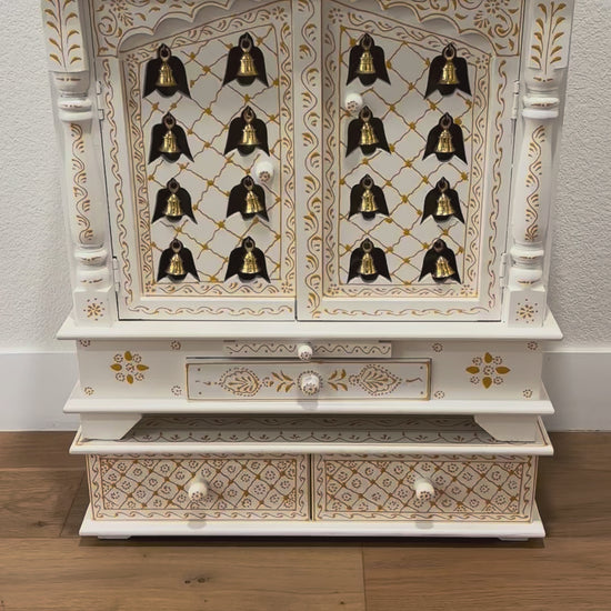 Urli Utsav Pooja Mandir - White Temple with Brass Bells & Doors