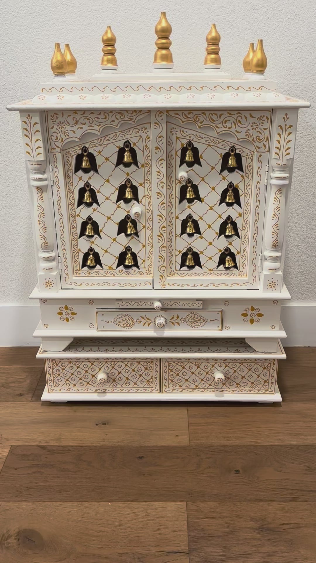 Urli Utsav Pooja Mandir - White Temple with Brass Bells & Doors