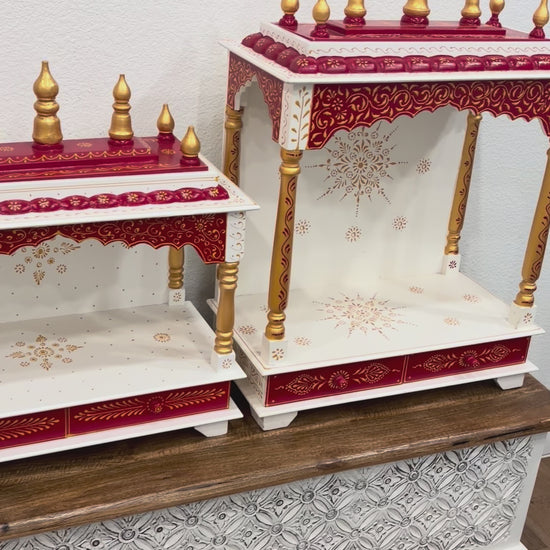 video of elegant white & red wooden temple, perfect for daily worship in USA homes.
