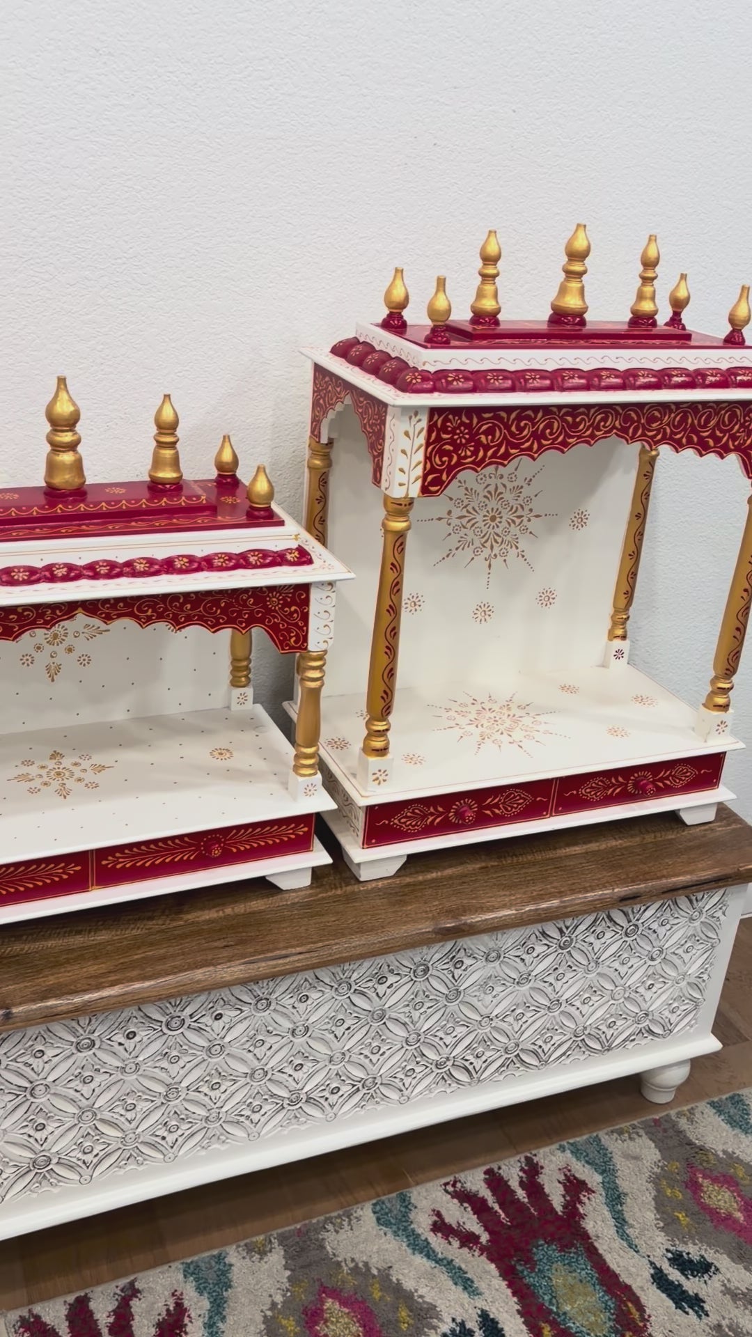 video of elegant white & red wooden temple, perfect for daily worship in USA homes.
