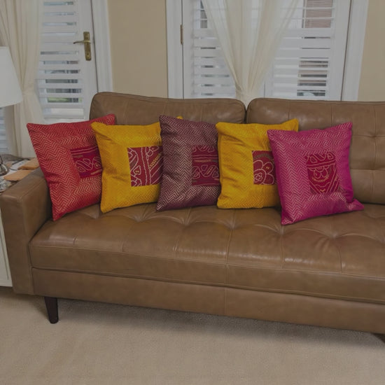 Product video: 16×16 Bandhani cushion cover set of 5 — styling and close-ups of silk brocade, handmade details.