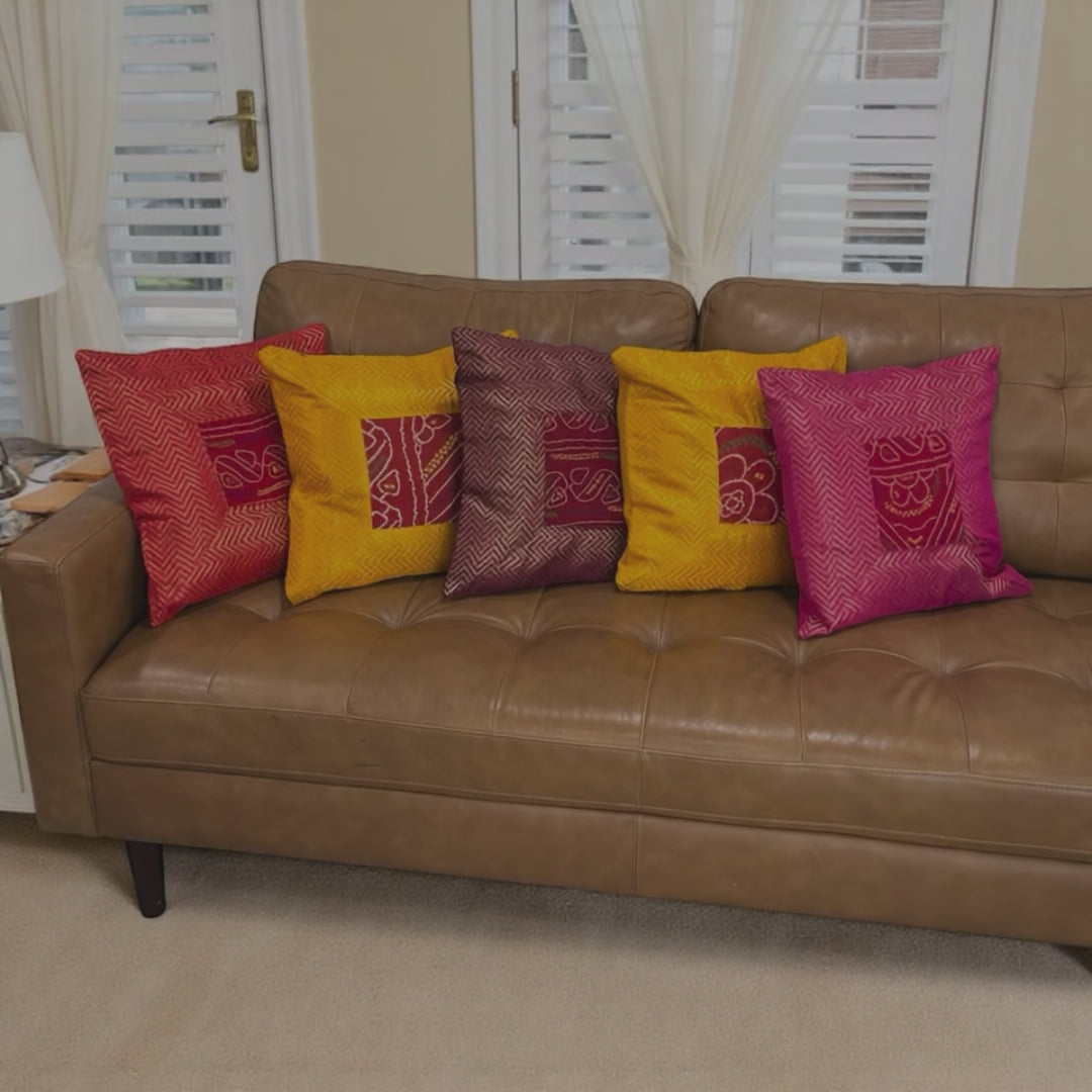 Product video: 16×16 Bandhani cushion cover set of 5 — styling and close-ups of silk brocade, handmade details.