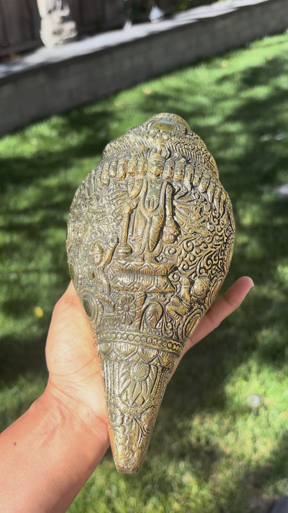 Video of Brass Vishnu Shankh, Dashavatar Carved Conch