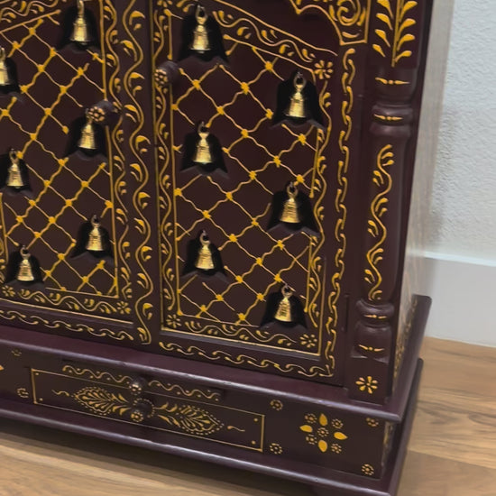 video of Urli Utsav 30×24×12 inches brown and gold wooden pooja mandir with hanging brass bells