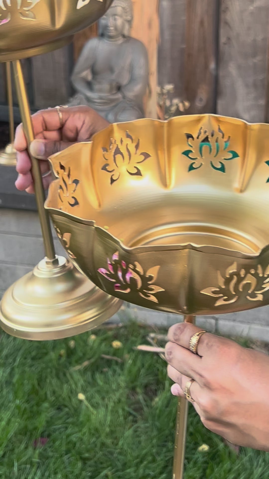 Gold Lotus Motif Urli Set of 3 – Elegant Standing Decorative Bowls for Diwali