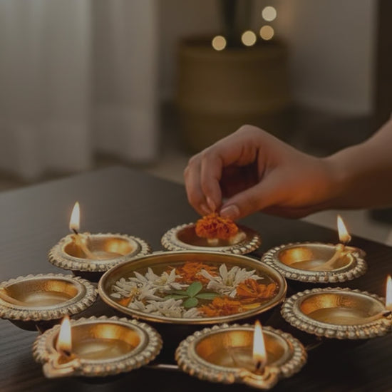 Video showcasing 8-inch diameter mini gold Urli bowl perfect for tabletop or pooja room display.