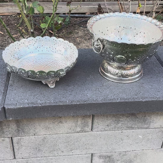 Video of the bowl's intricate detailing and silver-plated finish, emphasizing the artisanal quality and texture of the brass material