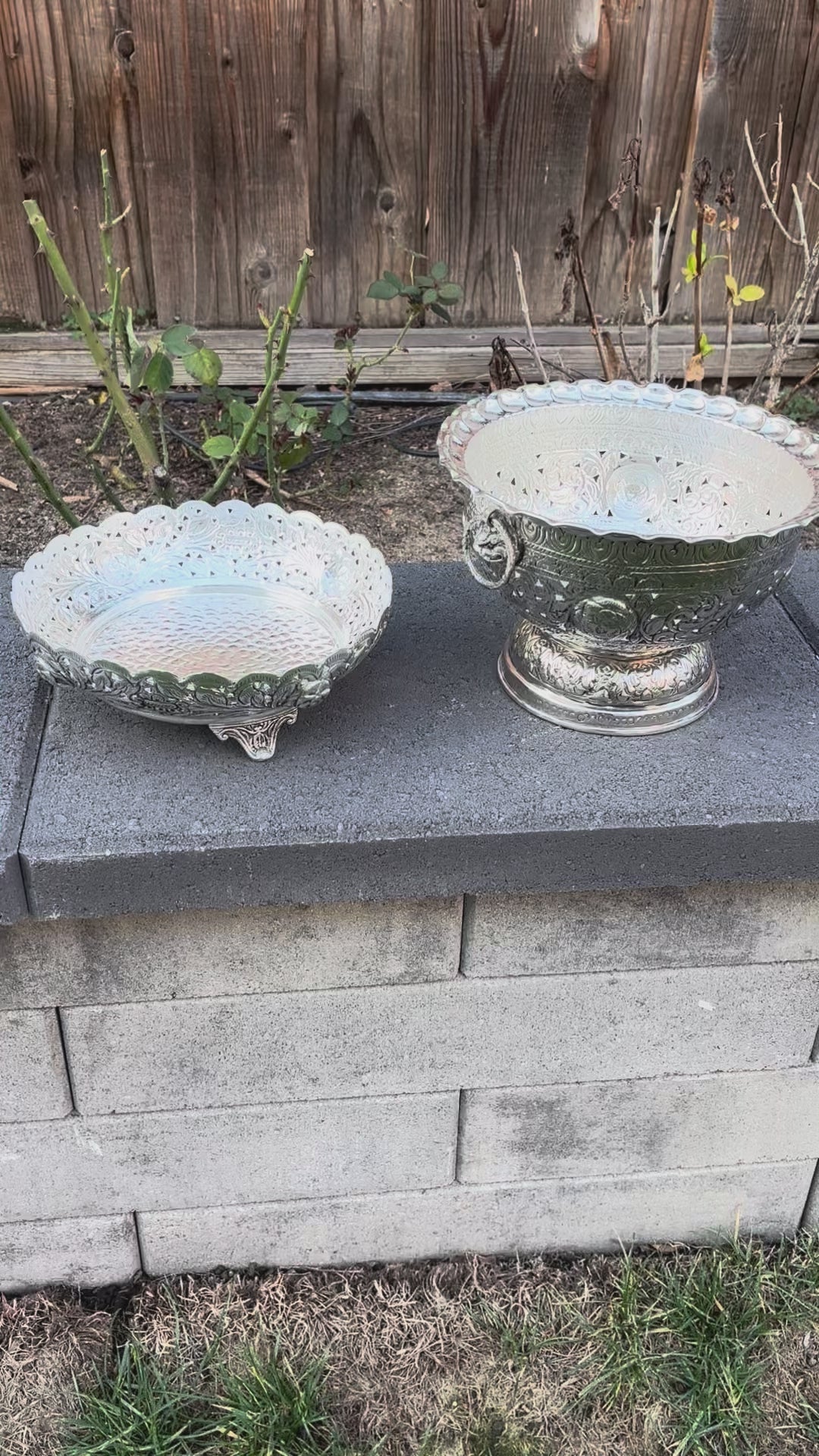 Video of the bowl's intricate detailing and silver-plated finish, emphasizing the artisanal quality and texture of the brass material