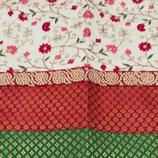 Video: Banarasi brocade pooja aasan set — Pink Zigzag, Yellow Elephant, Green Floral in altar & table settings