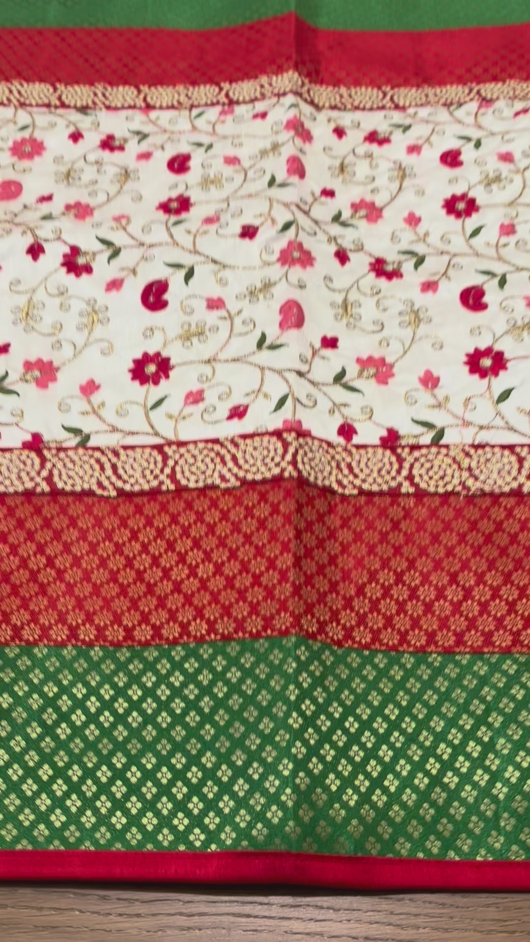 Video: Banarasi brocade pooja aasan set — Pink Zigzag, Yellow Elephant, Green Floral in altar & table settings