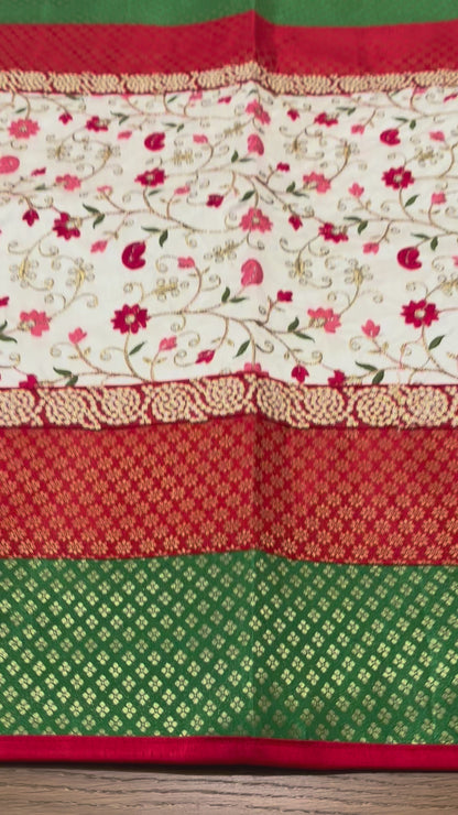 Video: Banarasi brocade pooja aasan set — Pink Zigzag, Yellow Elephant, Green Floral in altar & table settings