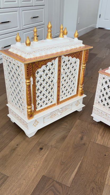 Video of Handcrafted white and gold wooden temple mandir – detailed paint and finish for traditional rituals