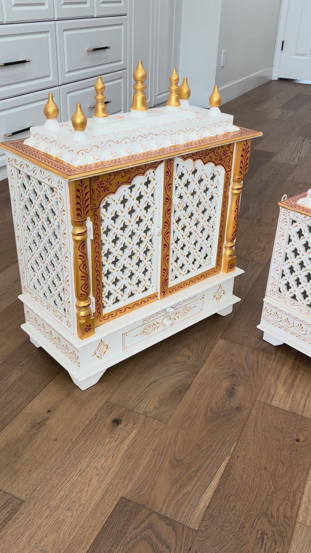 Video of Handcrafted white and gold wooden temple mandir – detailed paint and finish for traditional rituals