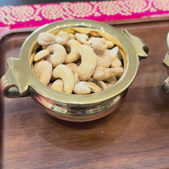 video of super-cute set of 5 Brass Mini Urlis (4 inches), multi purpose use - prasad bowl, festive decor